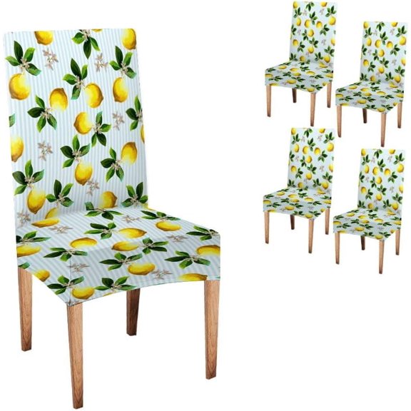 Lemon Kitchen Chair Covers Set of 4 Seamless Citrus Pattern on Striped Parson Chair Slipcover Removable Washable Chair Protector for Home,Restaurant,Banquet