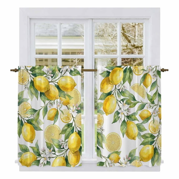Lemon Kitchen Curtain for Berdoom Living Room Cafe 54 Inch Length, Yellow Fruits Summer Watercolor Botanical Leaf Plant Tiers Curtains Light Filtering Drapes Window Treatment 2 Panels 52"Wx54"L