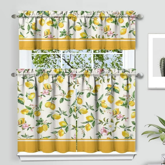 Lemon Kitchen Curtain Valance 3 Piece Set,Lemon Floral Yellow Spring Summer Kitchen Decor for Home Interior Decor,Farmhouse Kitchen Curtains and Valance Set Short Curtain Sink Window Decor 36 Inch