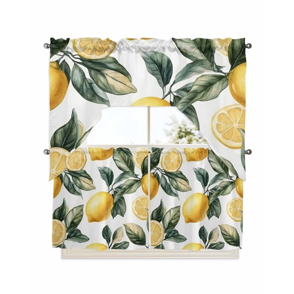 Lemon Kitchen Curtain and Valance Set 3 Pieces,Rod Pocket Short Tier Curtains 24 Inch Length,Summer Yellow Fruit Country Spring Leaf Plant Swag Topper Small Window Treatment for Cafe Bathroom