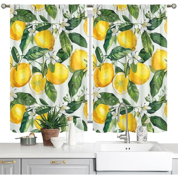 Lemon Kitchen Curtains 2 Panels Spring Country Farmhouse Rustic Nature Fruit Leaves Short Cafe Tier Curtains for Living Dining Room Decor Rod Pocket Window Drapes Treatment Decor 26x36 Inch