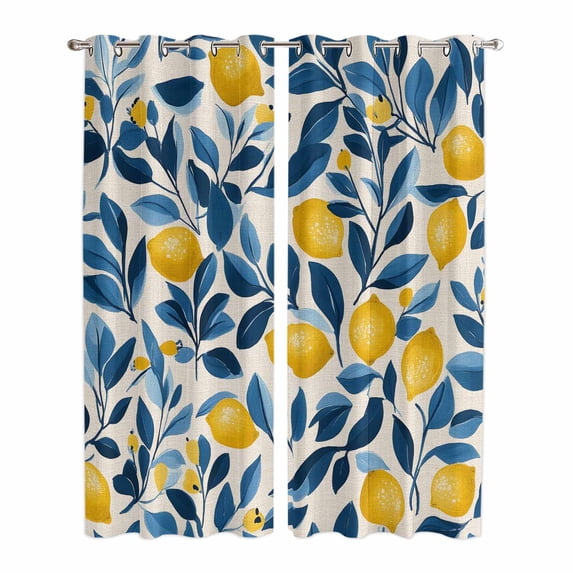 Lemon Kitchen Curtains 84 Inch Length, Watercolor Yellow Blue Fruit Branch Flower Grommet Top Bedroom Living Room Curtains, Light Filtering Cafe Curtain Drapes 2 Panels Set 84''x84''