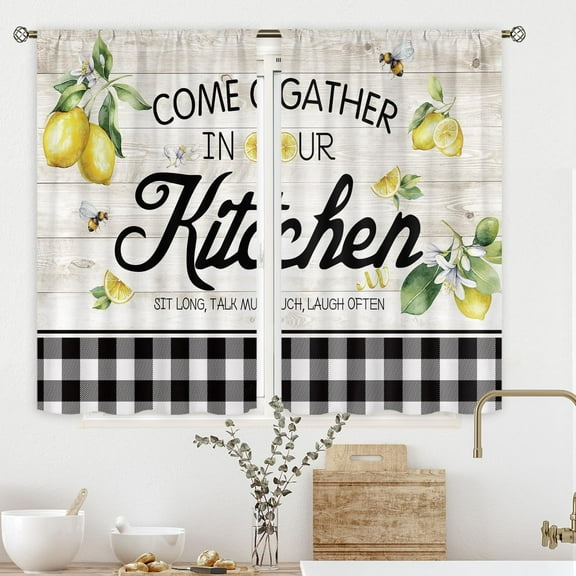 Lemon Kitchen Curtains Rustic Lemon Kitchen Decor 27.5Wx39H Inch Rod Pocket Farmhouse Kitchen Curtain Wood Plank Buffalo Plaid Country Yellow Fruit Small Window Drapes Treatment Fabric 2 Panel