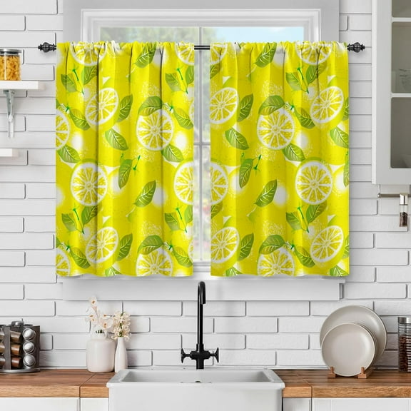 Lemon Kitchen Curtains Set for Windows: Yellow Lemon Slices with Leaves Short Cafe Curtain Decor for Dining Room Bathroom Tier Rod Pocket Window Drapes 36 Inch Length 2 Panels Set