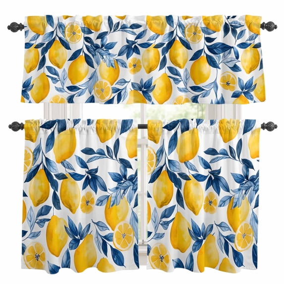Lemon Kitchen Curtains Sets for Windows 24 Inch Length, Watercolor Blue Yellow Branch Summer Spring Rod Pocket Window Treatments Tier Curtains and Valances Set for Bedroom/Bathroom