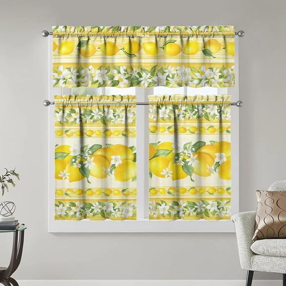 Lemon Kitchen Curtains Sets for Windows Lemon Summer Curtain Sink Window Valance 3 Piece Set Yellow Kitchen Decor Tier Curtains 3 Panels for Living Room Bedroom 54x36 Inches