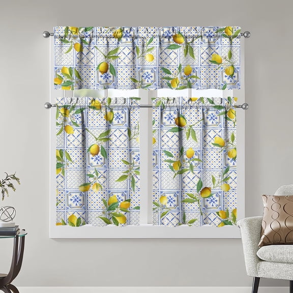 Lemon Kitchen Curtains Sets for Windows Summer Kitchen Decorative Sink Window Valance 3 Piece Set Yellow Tier Curtains 3 Panels Decor for Living Room Bedroom Home