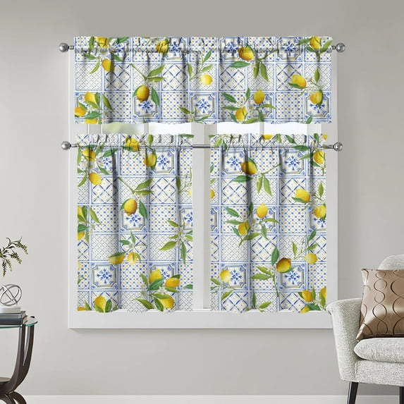 Lemon Kitchen Curtains Sets for Windows Summer Kitchen Decorative Sink Window Valance 3 Piece Set Yellow Tier Curtains 3 Panels Decor for Living Room Bedroom Home