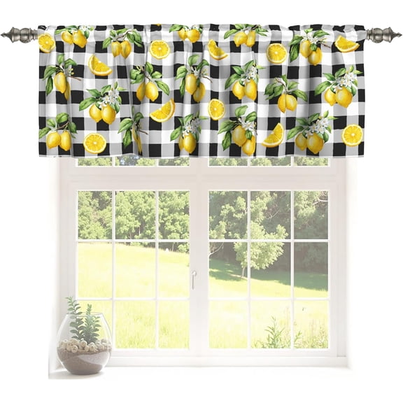 Lemon Kitchen Curtains Short 54"x18" Summer Buffalo Plaid Valances for Windows Black White Gingham Check Yellow Fruit Floral Farmhouse Window Treatment Rod Pocket Valance for Living Room Decor