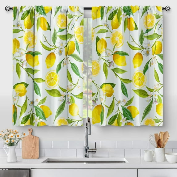 Lemon Kitchen Curtains - Spring Country Farmhouse Rustic Nature Fruit Leaves Short Cafe Tier Curtains for Living Dining Room Decor Rod Pocket Window Drapes 36 Inch Length 2 Panels Set