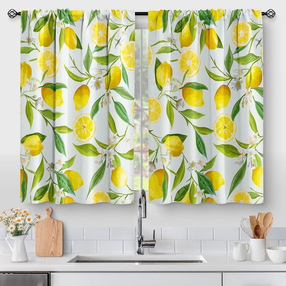 Lemon Kitchen Curtains - Spring Country Farmhouse Rustic Nature Fruit Short Cafe Curtains for Living Dining Room - Tier Leaves Decor Rod Pocket Window Drapes 45 Inch Length 2 Panels Set