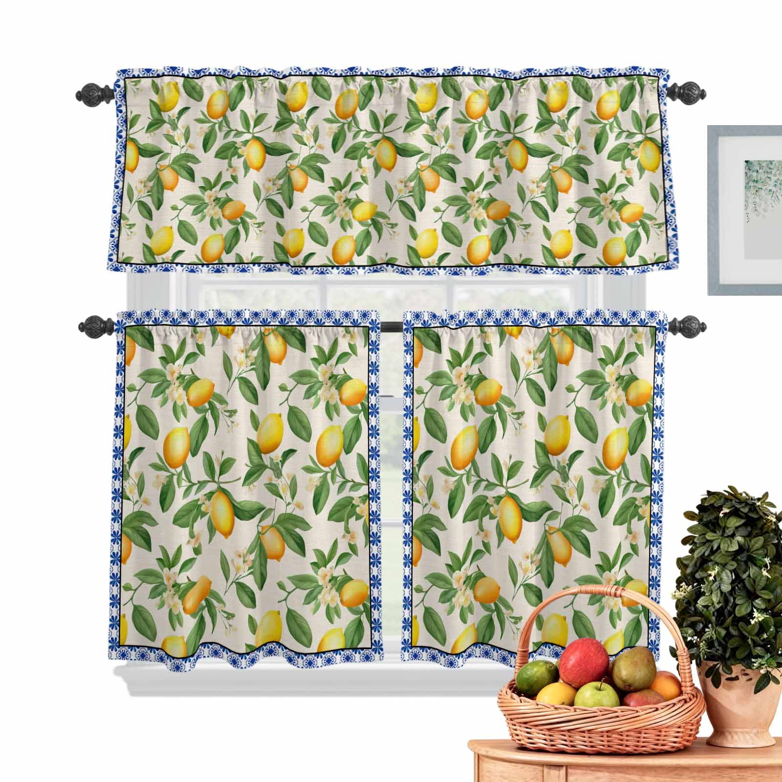 Lemon with Kitchen Curtains Valances 3 Piece Set, Leaves Blue Floral Pattern Linen Style Rod Pocket Tier Curtain and Valance Drapes for Small Window 36 Inch Length for Bedroom Cafe