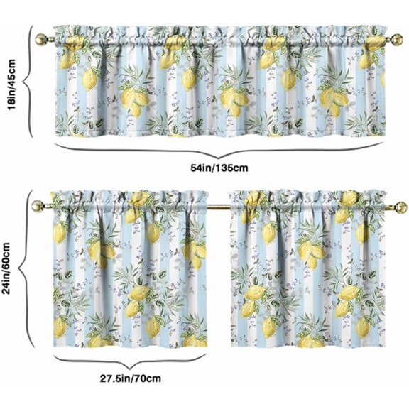 Lemon Kitchen Curtains Valances and Tiers Set for Windows, Vintage Bathroom Window Curtain Valance 3 Piece Sets,Kitchen Decor for Living Room,54"x 24"