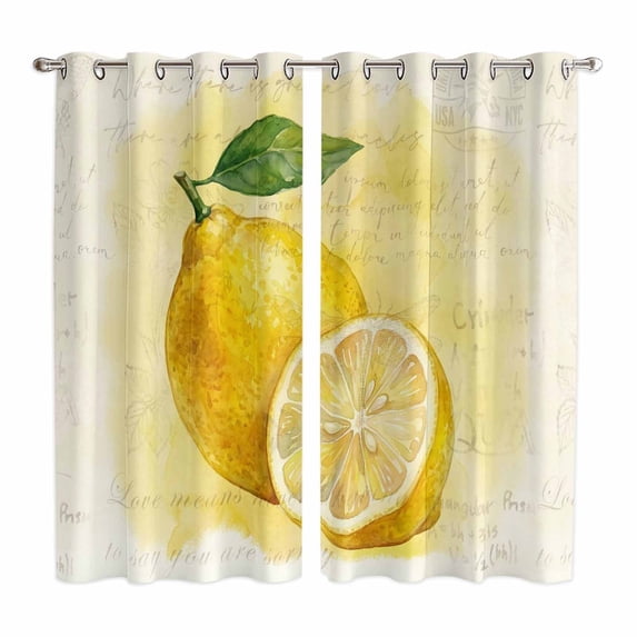 Lemon Kitchen Curtains Window Panels, Yellow Summer Botanical Watercolor Modern Art Insulated Window Treatment Curtain, Grommet Curtains for Bedroom/Living Room/Bathroom, 2 Piece 52"Wx84"L