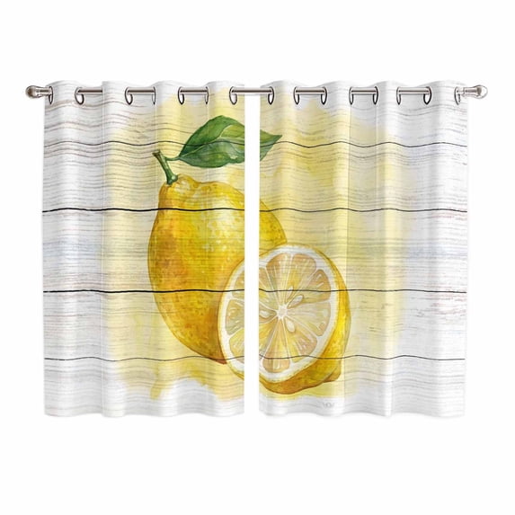 Lemon Kitchen Curtains Window Panels, Yellow Summer Botanical Watercolor Wooden Insulated Window Treatment Curtain, Grommet Curtains for Bedroom/Living Room/Bathroom, 2 Piece 52"Wx72"L