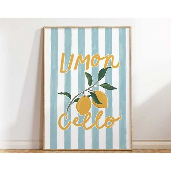 Lemon Kitchen Decor, Limoncello Wall Art Print, Italian Citrus Poster, Blue Striped Background, Mediterranean Home Decor Wall Art, Modern Wall Decor, 16x24 UNFRAMED