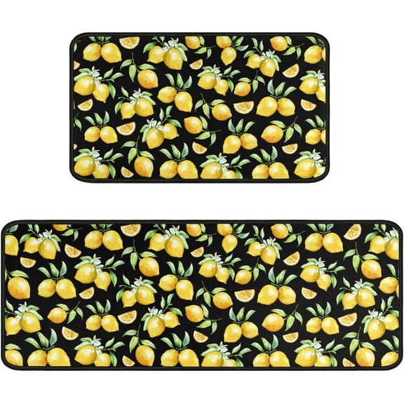 Lemon Kitchen Decor Rug 2 Pieces Set, Lemon Decorations Kitchen Rugs and Indoor Floor Mats Non Skid Washable 17"x47"+17"x30"