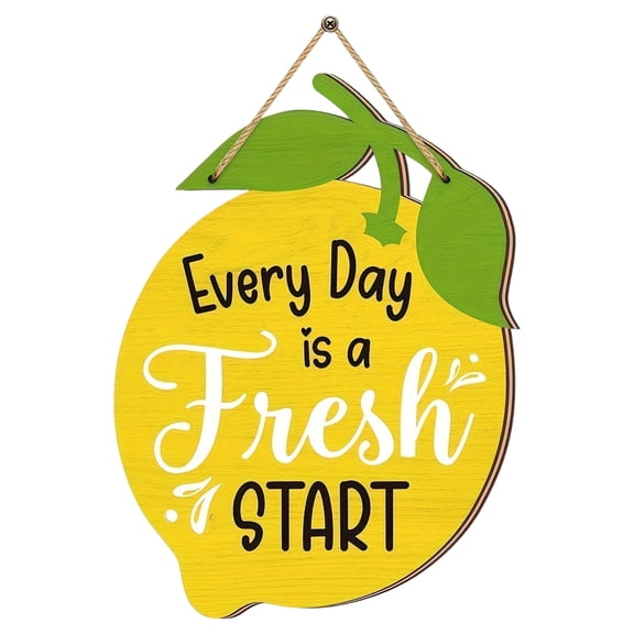 Lemon Kitchen Decor Wall Art – Yellow Farmhouse Welcome Sign with "Every Day is a Fresh Start", Rustic Citrus-Themed Hanging Decor for Kitchen, Entryway & Front Door, Plastic
