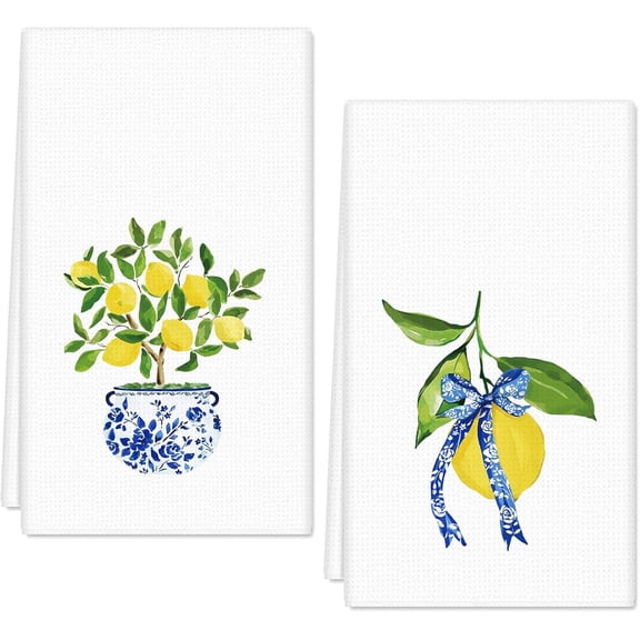 Lemon Kitchen Dish Towel 18 x 26 Blue Yellow Lemon Dishcloth Spring Summer Decorative Hand Drying Tea Towel for Cooking Baking Cleaning, 2Pcs