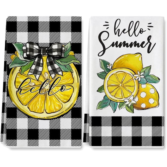Lemon Kitchen Dish Towel 18 x 26 Inch Buffalo Plaids Summer Dishcloth Watercolor Farmhouse Lemon Decorative Hand Drying Tea Towel for Holiday Kitchen Cooking Baking Cleaning, 2Pcs