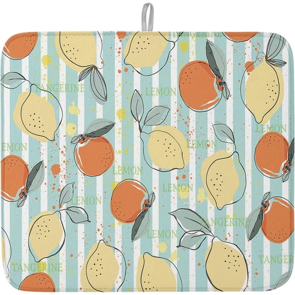 Lemon Kitchen Drying Mat 16x18 Inches, Summer Fruit Cartoon Geometric Stripes Washable Absorbent Dish Drying Mat for Kitchen Counter Easy Clean HeatResistant Drying Mat 1 Pack
