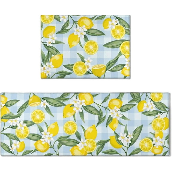 Lemon Kitchen Mat Rug Set of 2- Lemon Kitchen Rugs with Runner, Lemon Kitchen Decor Accessories Things, Buffalo Plaid Kitchen Rug Mat- Yellow Blue Rugs for Home Kitchen Large- 17x24 and 17x48 Inch