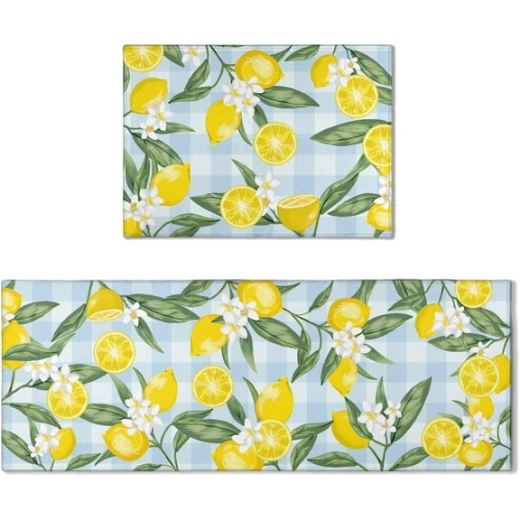 Lemon Kitchen Mat Rug Set of 2- Lemon Kitchen Rugs with Runner, Lemon Kitchen Decor Accessories Things, Buffalo Plaid Kitchen Rug Mat- Yellow Blue Rugs for Home Kitchen Large- 17x24 and 17x48 Inch