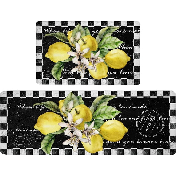 Lemon Kitchen Mat Set of 2 Anti Fatigue Kitchen Rugs Black and White Buffalo Plaid Comfort Standing Cushioned Kitchen Rugs and Mats Set for Kitchen Sink Laundry Room Office, 17.3"x28"+17.3"x 47"