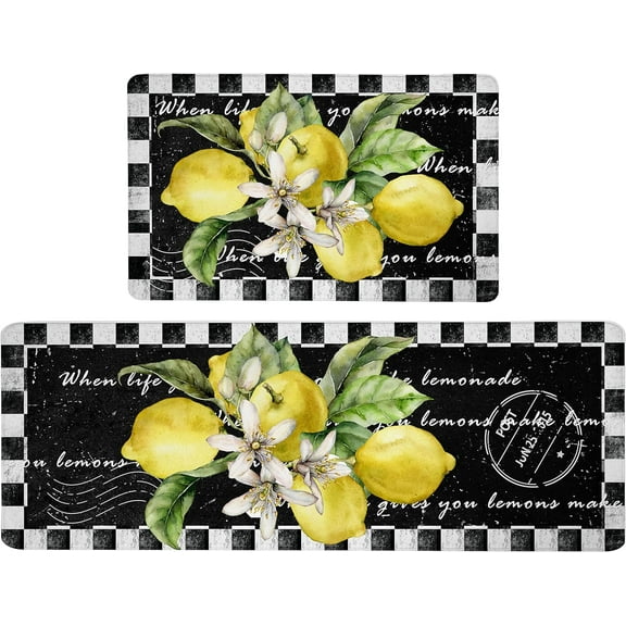 Lemon Kitchen Mat Set of 2 Anti Fatigue Kitchen Rugs Black and White Buffalo Plaid Comfort Standing Cushioned Kitchen Rugs and Mats Set for Kitchen Sink Laundry Room Office, 17.3" x28" + 17.3" x 47"