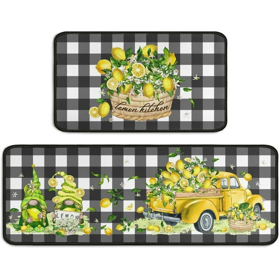Lemon Kitchen Mat Set of 2, Farmhouse Black and White Buffalo Plaid Lemon Kitchen Rugs and Mats Non-Slip Washable, Lemon Kitchen Decor Floor Mats for Kitchen Sink Laundry Room, 17x30+17x47Inch