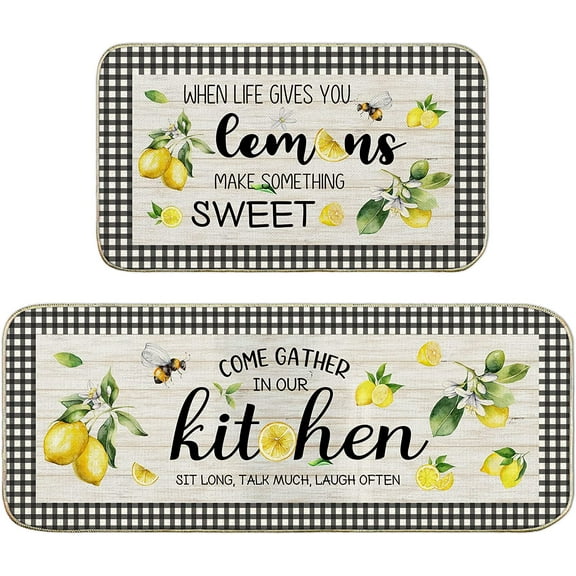 Lemon Kitchen Mat Set of 2, Kitchen Mats for Floor, Farmhouse Lemon Kitchen Rugs and Mats Non Skid Washable, Lemon Kitchen Decor Floor Mats Non Slip, Kitchen Runner Rug Carpet 17x29 and 17x47 Inch