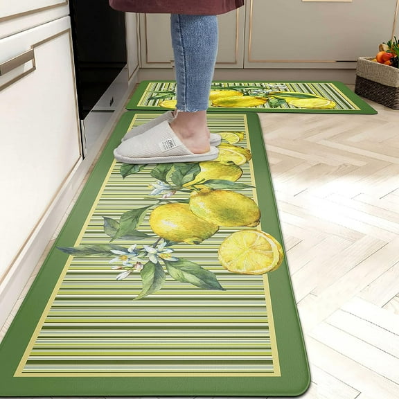 Lemon Kitchen Mat Set of 2 Lemons Anti Fatigue Kitchen Rugs Farmhouse Rustic Comfort Standing Kitchen Floor Mat and Rug for Kitchen Sink Laundry Room Office, 17.3 x 28+17.3 x 47 Inch Yellow Green
