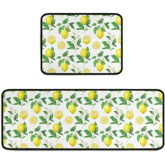 Lemon Kitchen Mat Set of 2 Non Slip Kitchen Floor Rugs and Mats Yellow Kitchen Runner Rug Stain Resistant Standing Area Mat Carpets for Home Indoor Outdoor 17"x48"+17"x24"