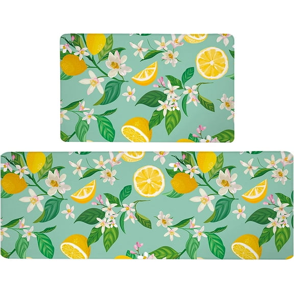 Lemon Kitchen Mat Set 2 PCS Anti Fatigue Lemon and Leaf Kitchen Rugs Waterproof Cushioned Leather Runner Rug Non Slip Comfort Standing Floor Mats for Kitchen, Home, Sink 17.3" x 28" + 17.3" x 47"