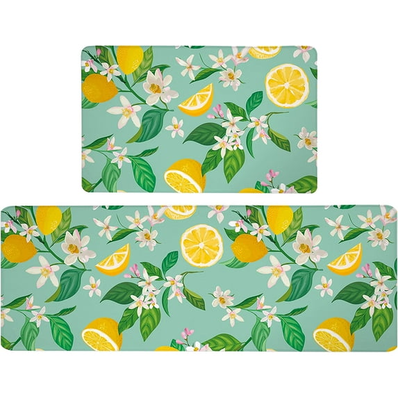 Lemon Kitchen Mat Set 2 PCS Anti Fatigue Lemon and Leaf Kitchen Rugs Waterproof Cushioned Leather Runner Rug Non Slip Comfort Standing Floor Mats for Kitchen, Home, Sink 17.3" x 28" + 17.3" x 47"