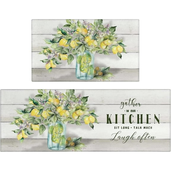 Lemon Kitchen Mat Set of 2,Spring Summer Lemon Colorful Kitchen Rugs and Mats Non Skid Washable,Farmhouse Kitchen Runner Rugs with Rubber Backing (17"x48"+17"x30")