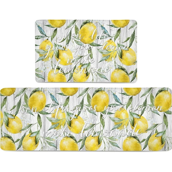 Lemon Kitchen Mat Set of 2 Watercolor Lemons Leaves Kitchen Rugs Anti Fatigue Thick Standing Cushioned Floor Waterproof Non Slip Runner Carpet Decor for Office Sink Laundry, 17.3" x28" + 17.3" x 47"