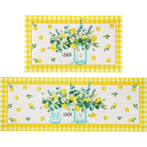 Lemon Kitchen Mat Set of 2, Yellow Lemon Kitchen Decor and Accessories, Lemon Kitchen Rug Runner, Lemon Kitchen Rugs and Mats Non Skid Washable, Lemon Decorations for Kitchen, Lemon Rug 17x30+17x47 In