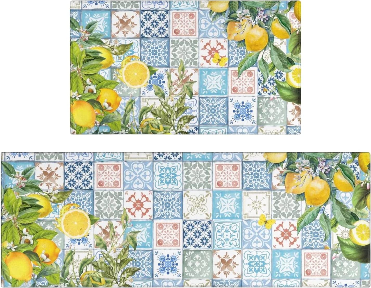 Lemon Kitchen Mat Set of 2,Boho Lemon Kitchen Rugs and Mats Non Skid Washable,Bohemian Kitchen Runner Rugs with Rubber Backing (17"x48"+17"x30")