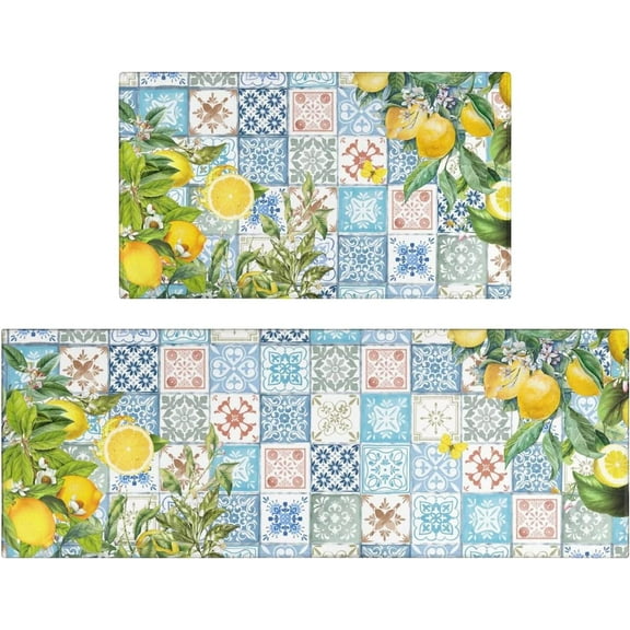 Lemon Kitchen Mat Set of 2,Boho Lemon Kitchen Rugs and Mats Non Skid Washable,Bohemian Kitchen Runner Rugs with Rubber Backing (17"x48"+17"x30")