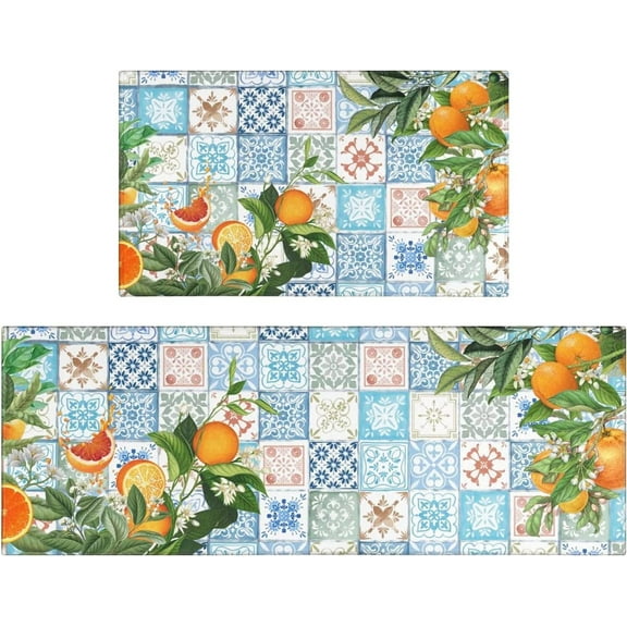 Lemon Kitchen Mat Set of 2,Boho Orange Kitchen Rugs and Mats Non Skid Washable,Bohemian Kitchen Runner Rugs with Rubber Backing (17"x48"+17"x30")