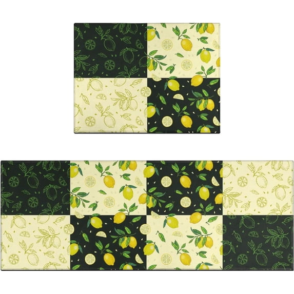 Lemon Kitchen Mat Set of 2 Non-Slip Washable Kitchen Rug Runner Rubber Backed Kitchen Floor Mats Lemon Decor