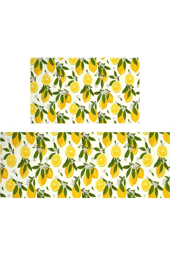 Lemon Kitchen Mats Cushioned Anti Fatigue 2 Piece Set, Memory Foam Kitchen Mat Set of 2, Farmhouse Kitchen Runner Rug and Waterproof Kitchen Mat for Home Kitchen Decor or Office 17"x30"+17"x47"