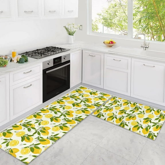Lemon Kitchen Mats Cushioned Anti Fatigue 2 Piece Set, Memory Foam Kitchen Mat Set Of 2, Farmhouse Kitchen Runner Rug and Waterproof Kitchen Mat for Home Kitchen Decor or Office 17"x30"+17"x47"