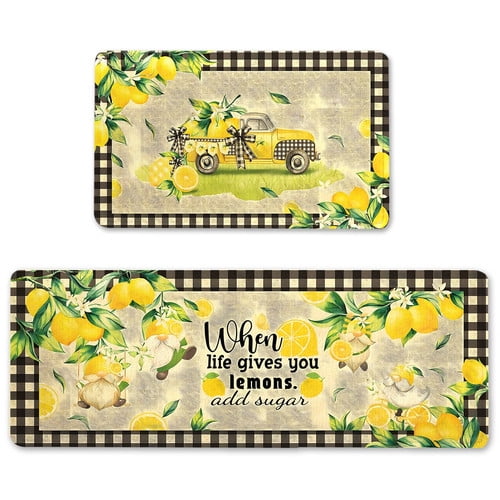 Lemon Kitchen Mats Set of 2, Farmhouse Truck Mat for Floor Plaid Spring and Summer Decorations for Hallway Laundry Decor