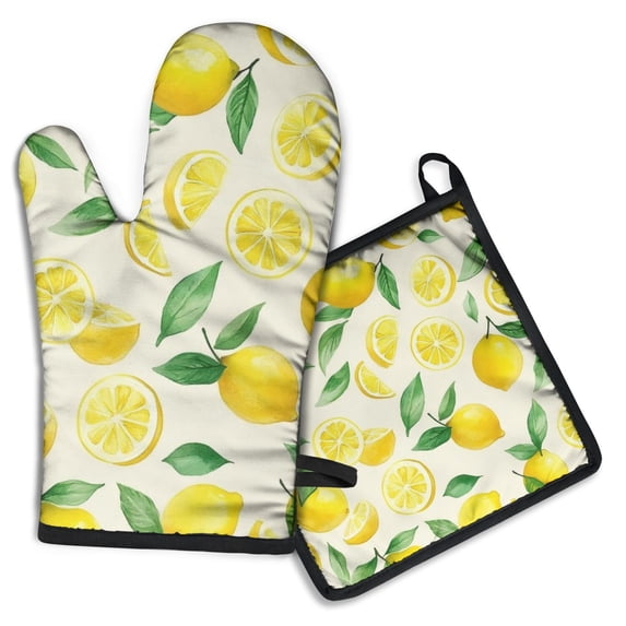 Lemon Kitchen Oven Mitt and Pot Holder Sets 2 Pcs for Baking, Cooking and Grilling, Heat Resistant Up To 392 °F