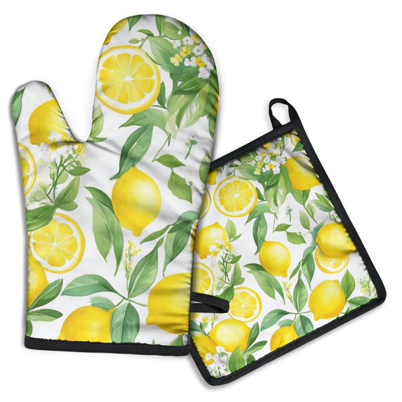 Lemon Kitchen Oven Mitt and Pot Holder Sets 2 Pcs for Baking, Cooking and Grilling, Heat Resistant Up To 392 °F