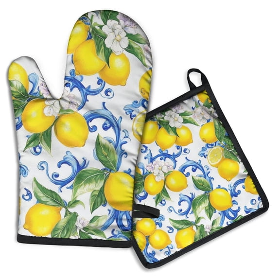 Lemon Kitchen Oven Mitt and Pot Holder Sets 2 Pcs for Baking, Cooking and Grilling, Heat Resistant Up To 392 °F