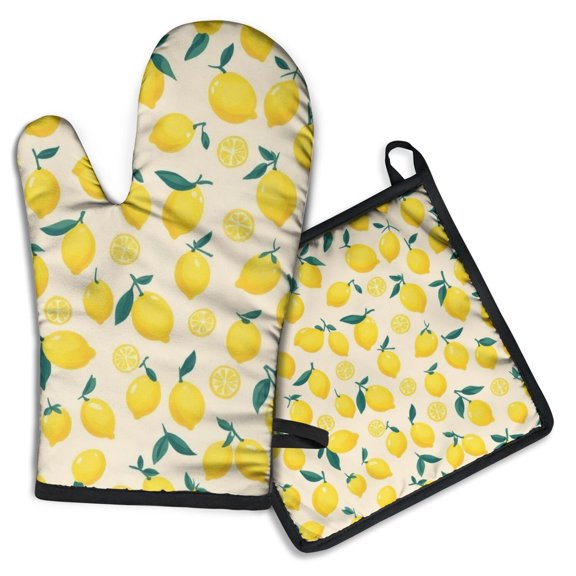 Lemon Kitchen Oven Mitt and Pot Holder Sets 2 Pcs for Baking, Cooking and Grilling, Heat Resistant Up To 392 °F