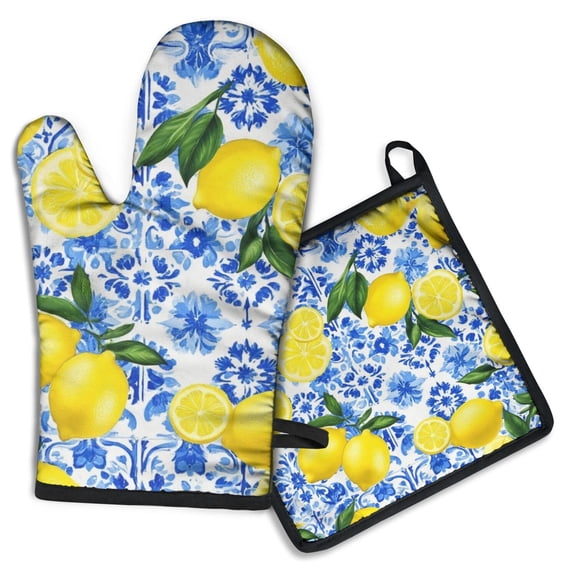 Lemon Kitchen Oven Mitt and Pot Holder Sets 2 Pcs for Baking, Cooking and Grilling, Heat Resistant Up To 392 °F